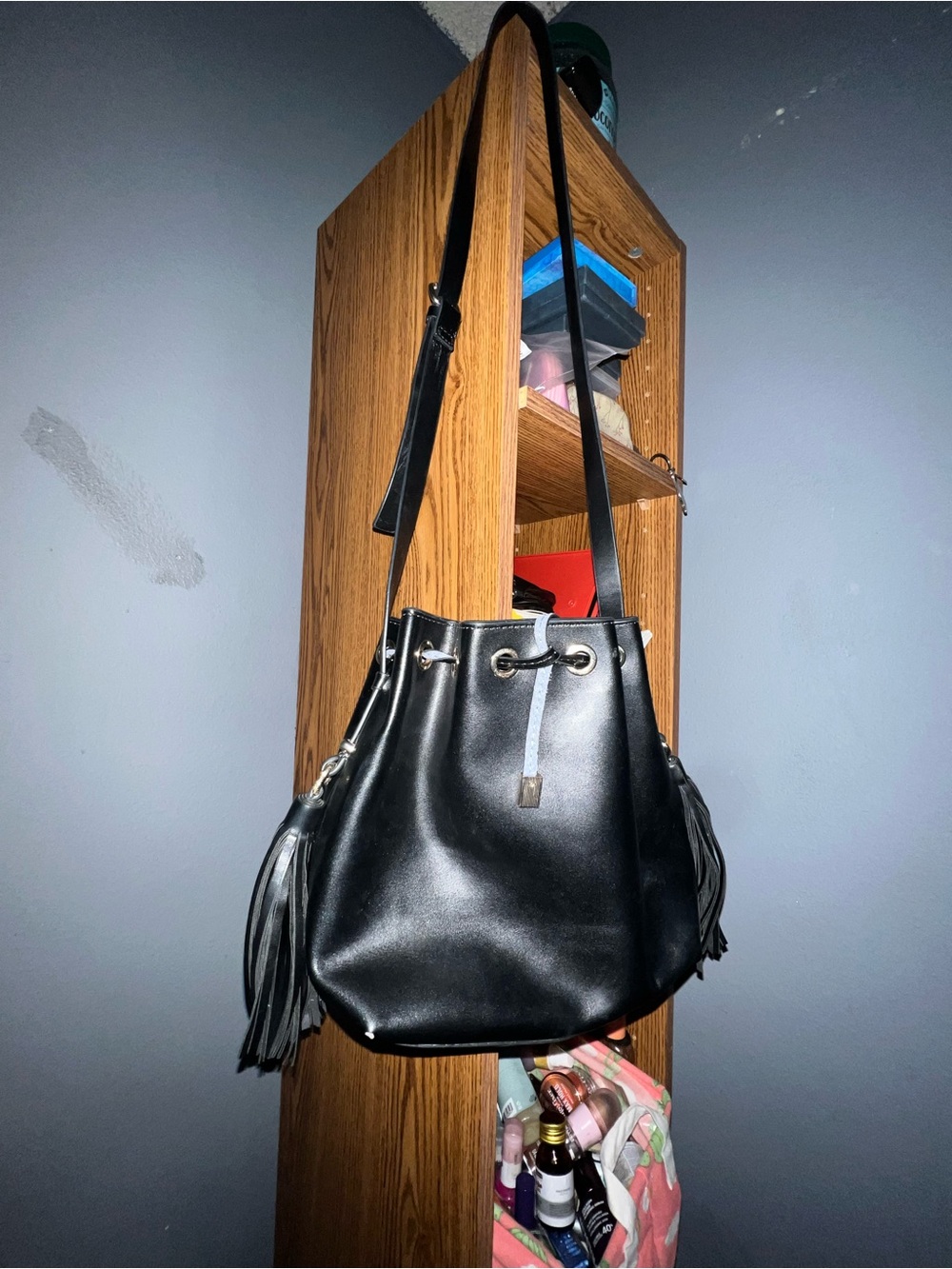 Zara Black Bucket Shoulder Bag with Tassels